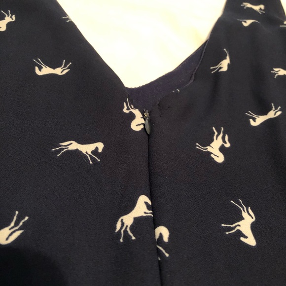 Everly Anthropologie Deep V Neck Navy Dress Horses - Picture 6 of 7